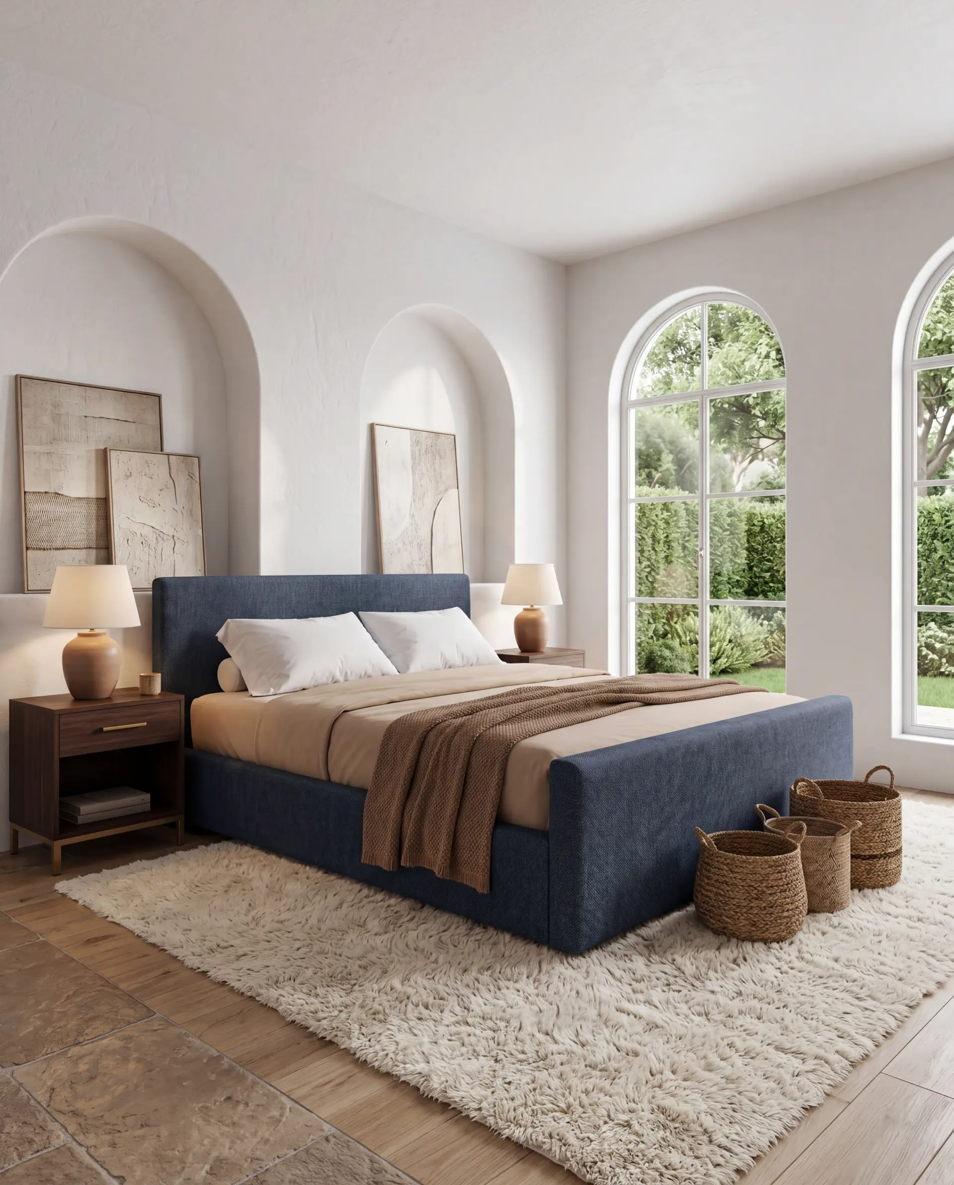 Hill Country bed frame in a moody atmospheric room with Zander Indigo upholstery
