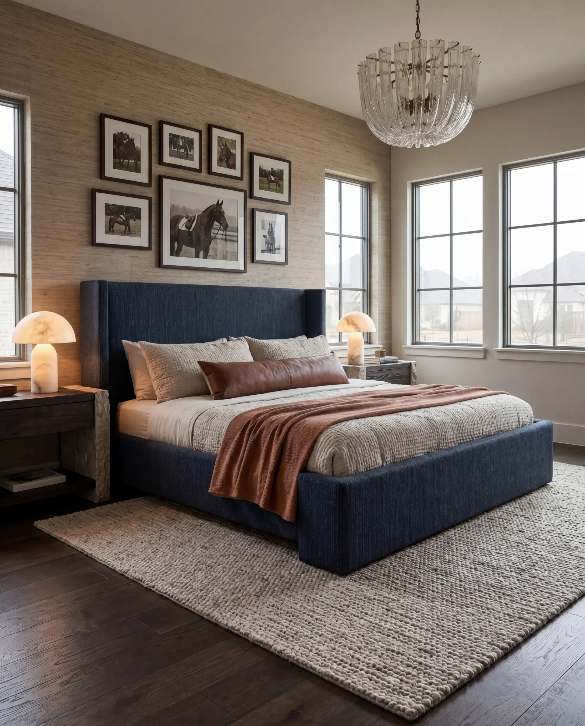 Trinity bed frame in a cinematic dark lifestyle setting — AI-generated visual for Texas Mattress Makers.