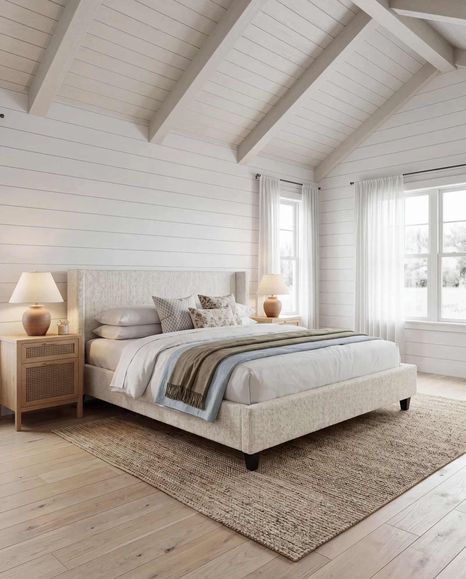 Magnolia bed frame in a bright bedroom lifestyle scene with Nomad Snow upholstery