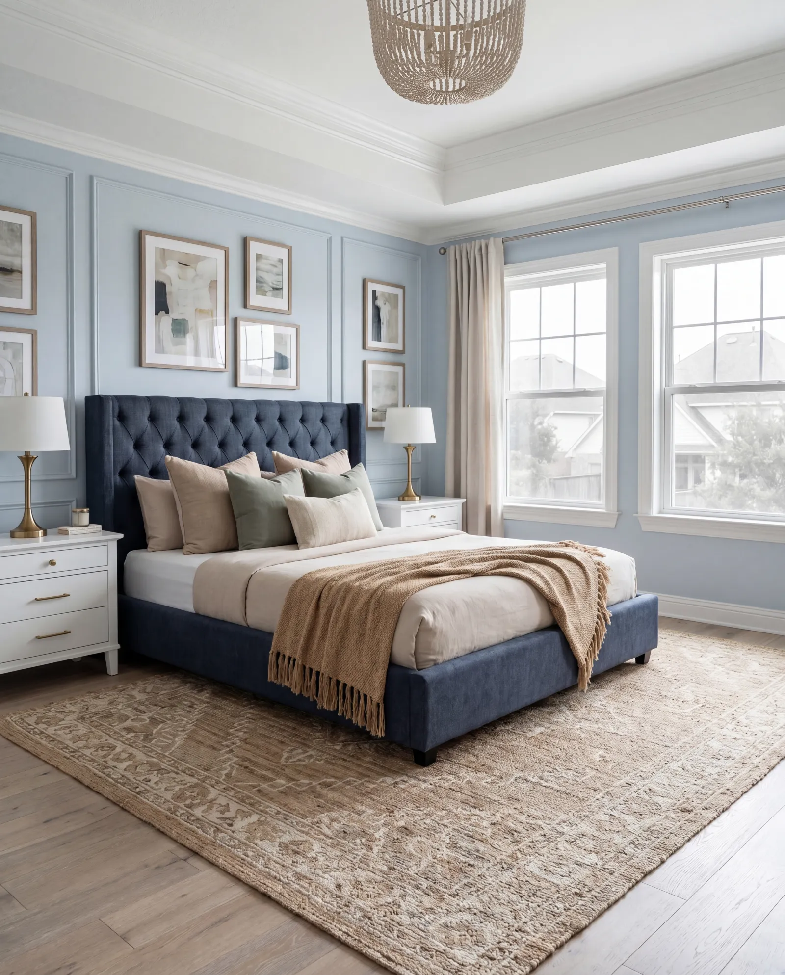 Sierra Oaks bed frame in a warm-toned bedroom with Zander Indigo upholstery