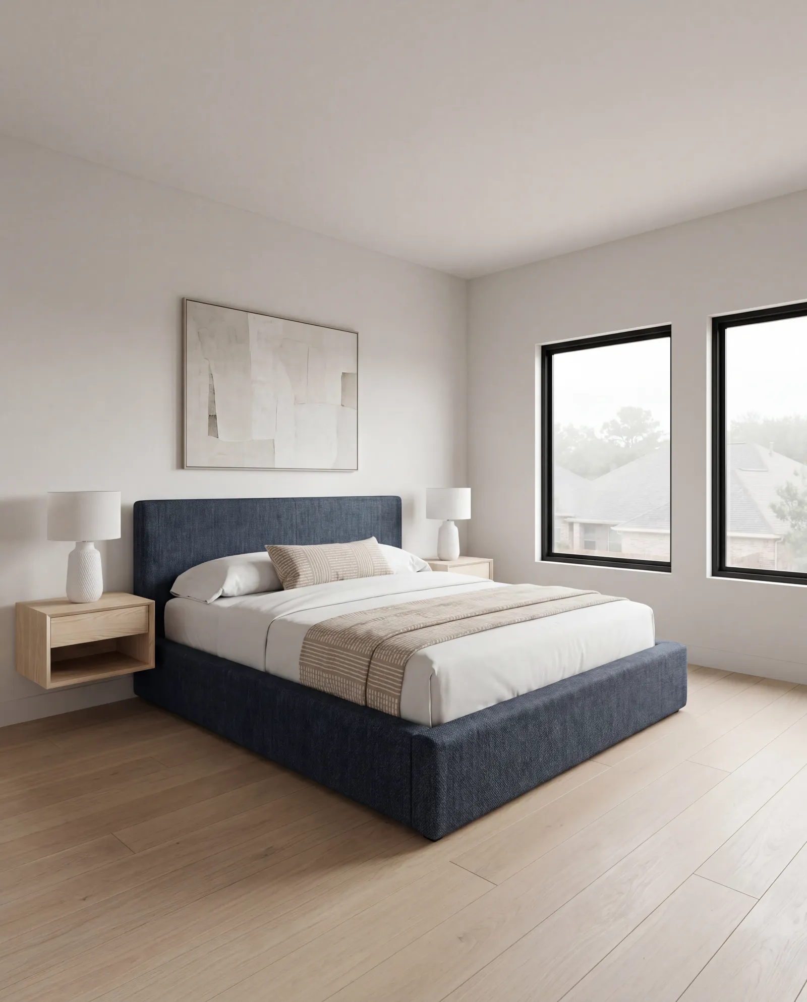 Summit bed frame in a moody bedroom with Zander Indigo upholstery