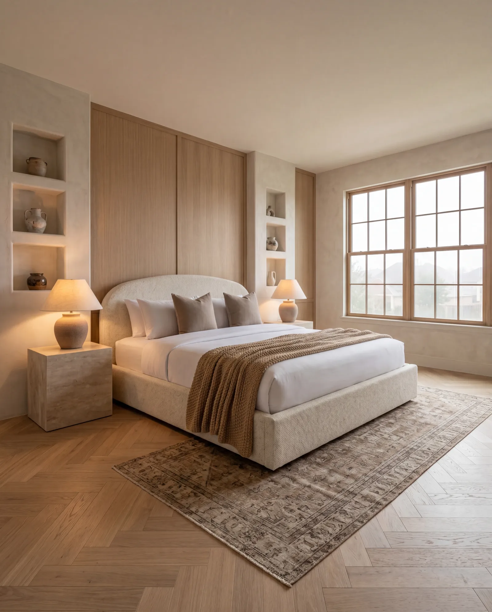 Wildflower bed frame in a light-filled bedroom with Nomad Snow upholstery